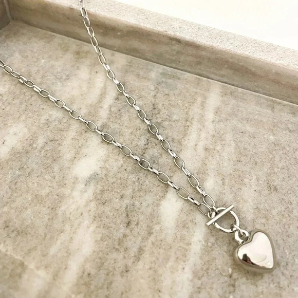 925 Sterling Silver Chunky Toggle Heart Necklace Minimalist Heart Pendant Chain - Picture 3 of 5
